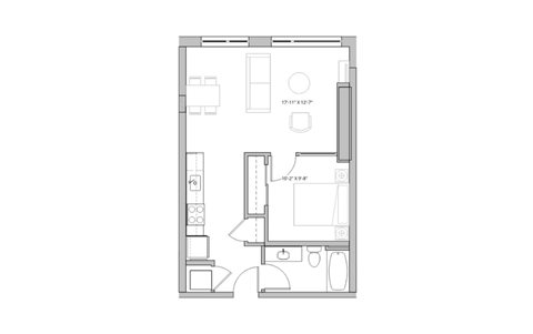 rectangular floor plan of a home with a bedroom and a living room